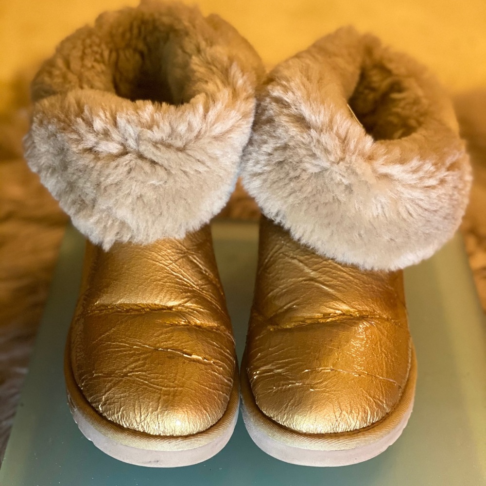 Uggs Bailey Gold “Wrinkled” Patent Leather Boot